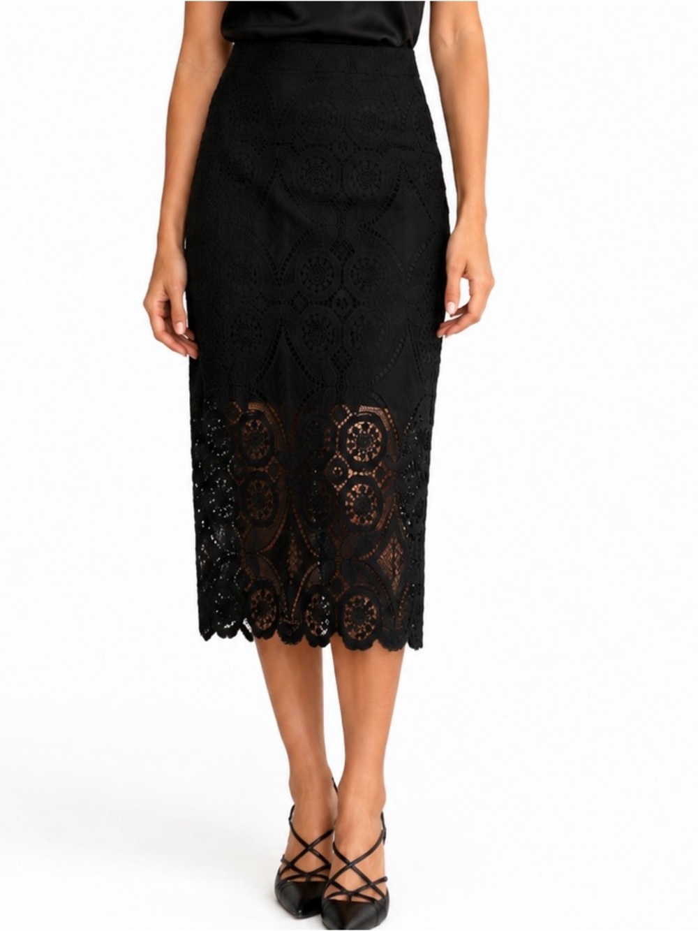 Abercrombie& Fitch Black Lace Midi Pencil Skirt Crochet Cutout Scalloped Hem, 8